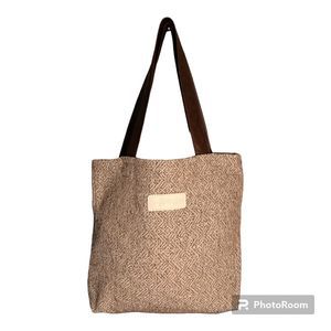 Stickley Museum Logo Tweed Tote Bag Soft Handles Brown Beige Faux Pebble Leather
